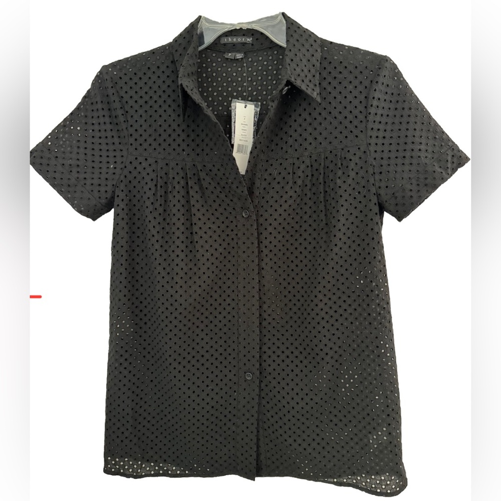 SALE $225 NWT Theory SHAMA Black Eyelet Top Blouse Sz P Short Sleeve Shirt